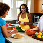 **A diverse group of people joyfully preparing a healthy meal together in a bright, modern kitchen. Focus on colorful fruits and vegetables, whole grains, and low-sodium options, showcasing a balanced diet for managing high blood pressure. Include a blood pressure monitor subtly placed in the background.**