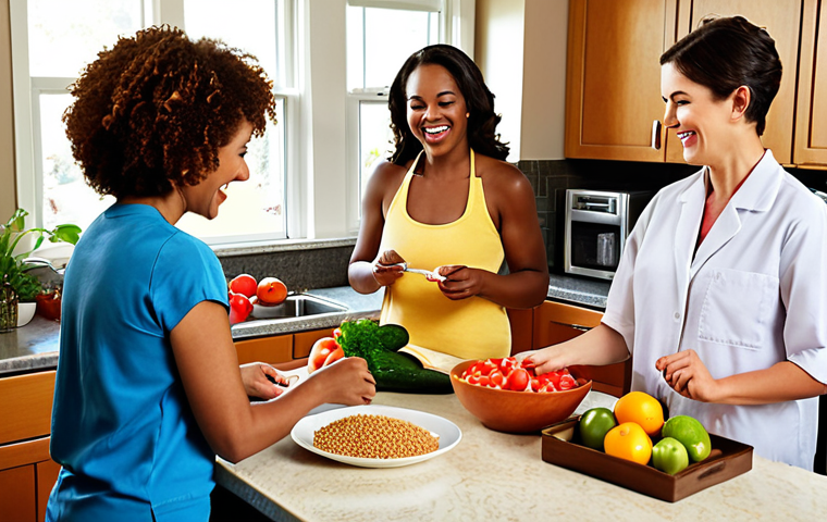 **A diverse group of people joyfully preparing a healthy meal together in a bright, modern kitchen. Focus on colorful fruits and vegetables, whole grains, and low-sodium options, showcasing a balanced diet for managing high blood pressure. Include a blood pressure monitor subtly placed in the background.**