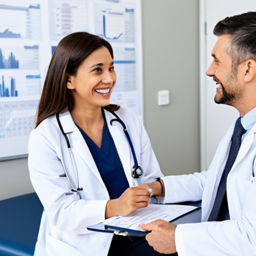 **

"A smiling family doctor in a clean, modern clinic, talking to a patient about annual check-ups. The doctor is wearing a professional white coat and the patient is comfortably seated. Include medical charts in the background. Safe for work, appropriate content, fully clothed, professional, family-friendly, perfect anatomy, correct proportions, natural pose."

**