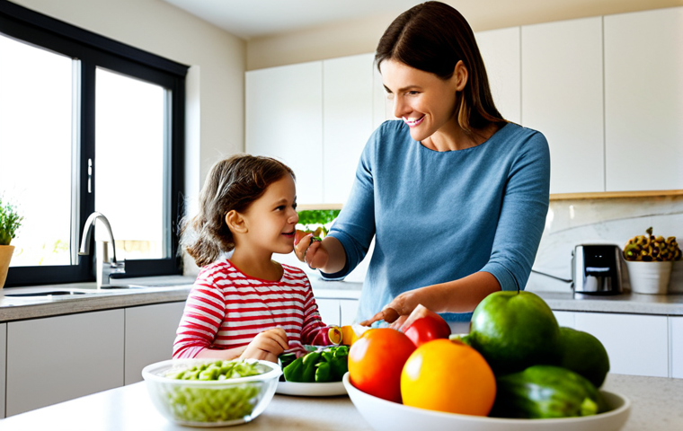 위염 증상과 음식 - Healthy Eating Habits**

"A family-friendly scene in a bright, modern kitchen. A mother is preparing...